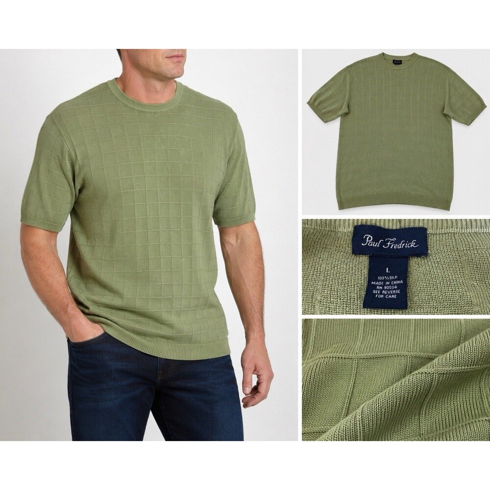 Paul Frederick 100% Silk Short Sleeve Sage Green Crew neck Sweater Large